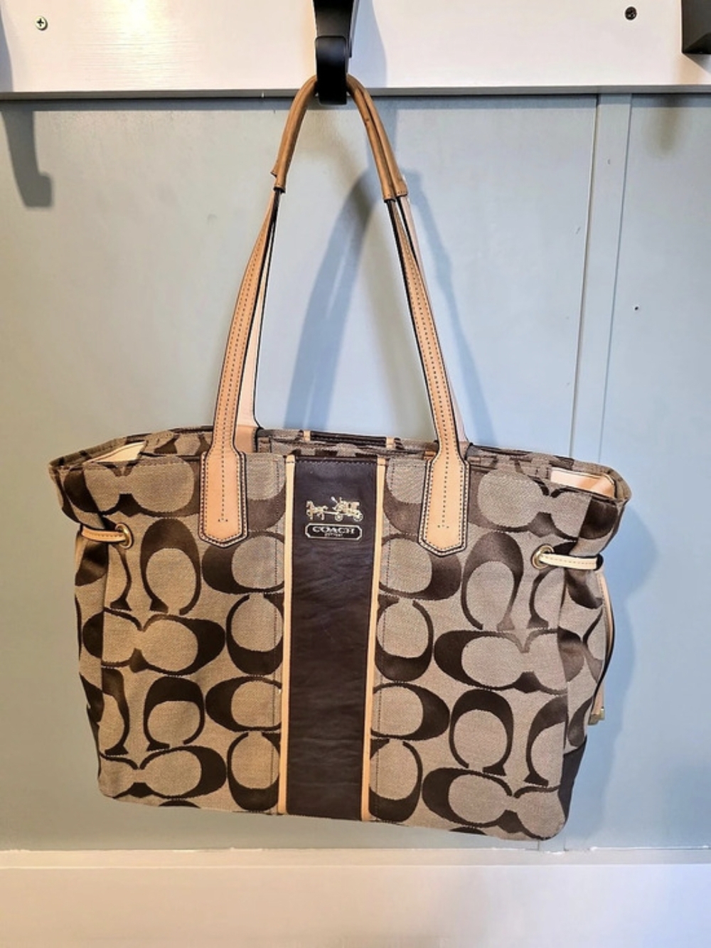 Coach Chelsea Signature Stripe Charlie Tote Brown & Tan